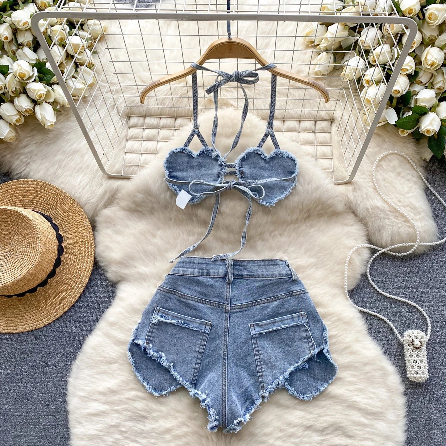 Blue American Hotsweet Sets Halter Sleeveless Backless Love Bikini Tops Button Basics Shorts Sexy Denim Suits Vintage Beach Suit
