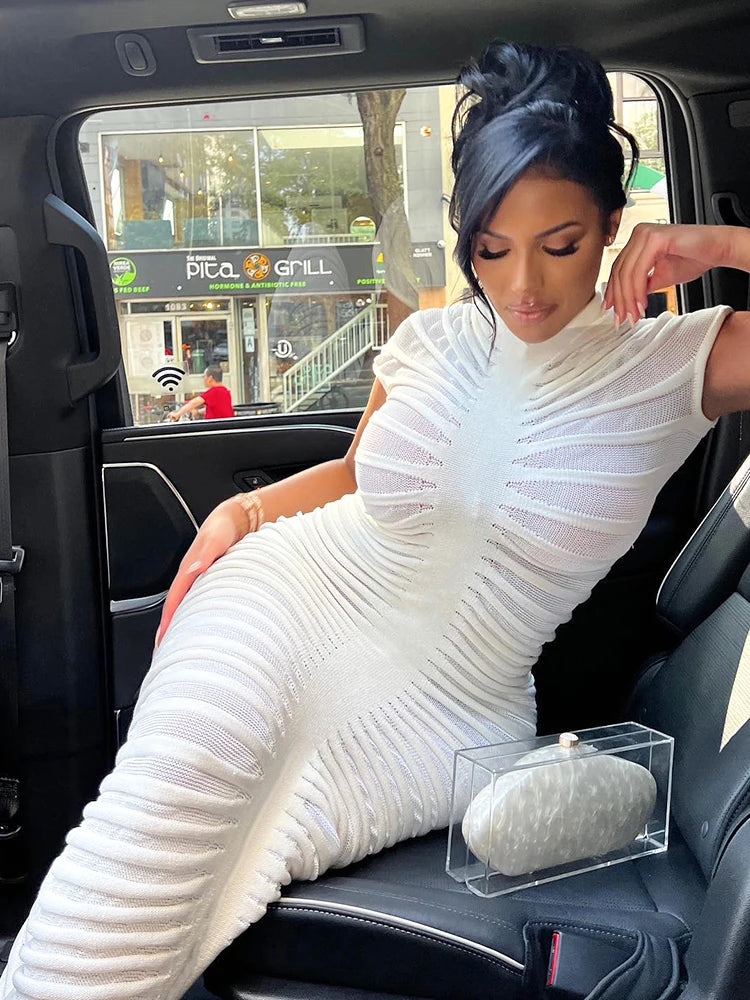 Knit Short-Sleeve Elegant Striped See-Through Solid Skinny Elastic O-Neck Bodycon Dress
