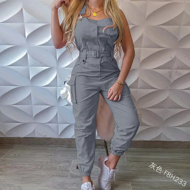 Lady Pink Jumpsuits Casual Sleeveless Polyester Ankle Tied Cargo Jumpsuits For Working Overall Jumpsuits OUFY-689