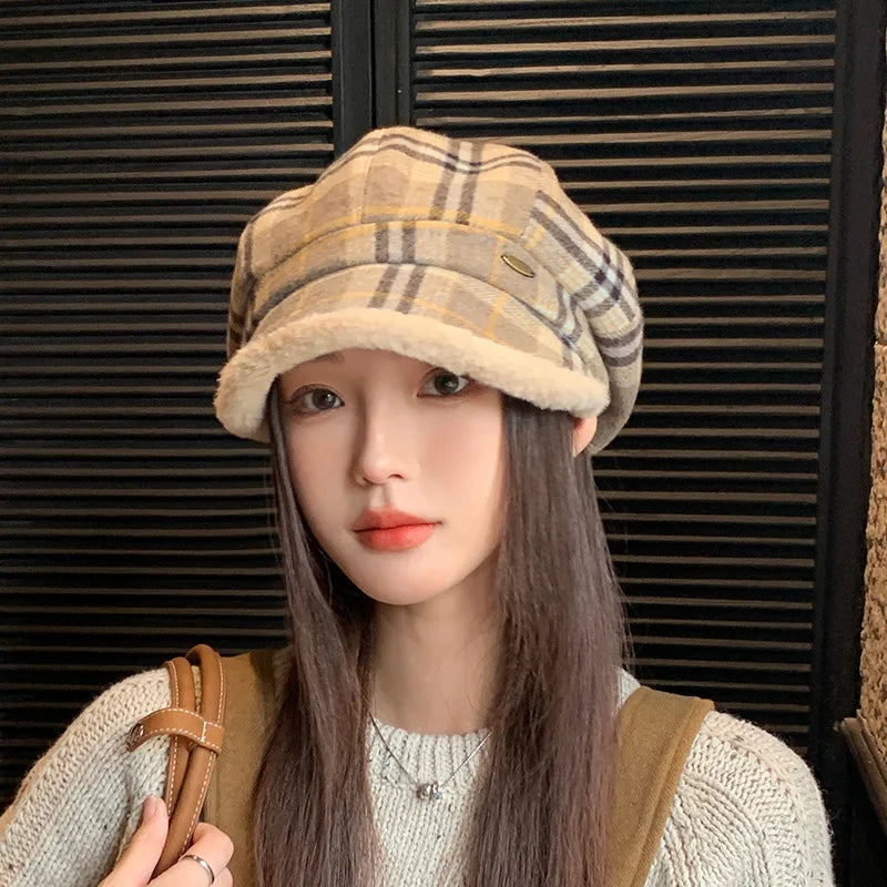 Vintage Plaid Plush Warm Octagonal Hat