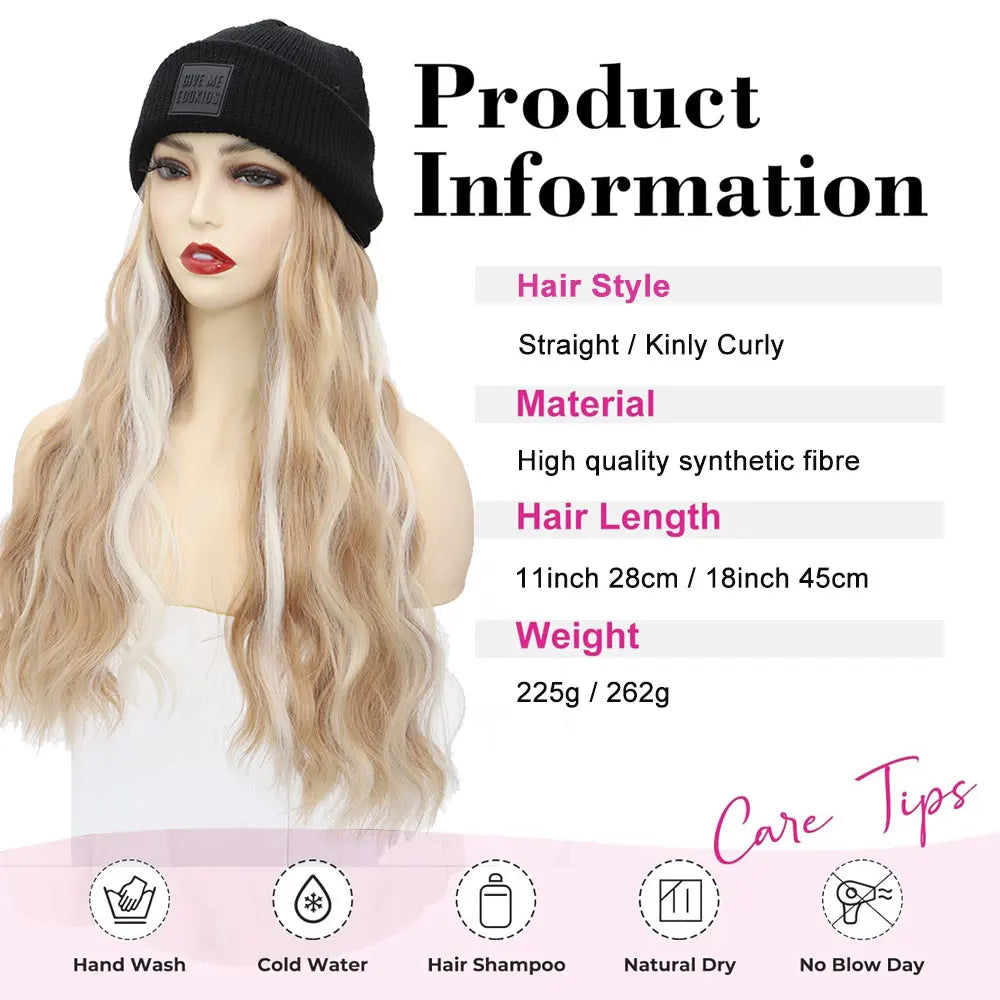 S-noilite Synthetic Black Hat Wig Beanies Hat With Hair Wigs For Women Straight Wavy Hair Warm Plush Knitted Autumn Winter Cap