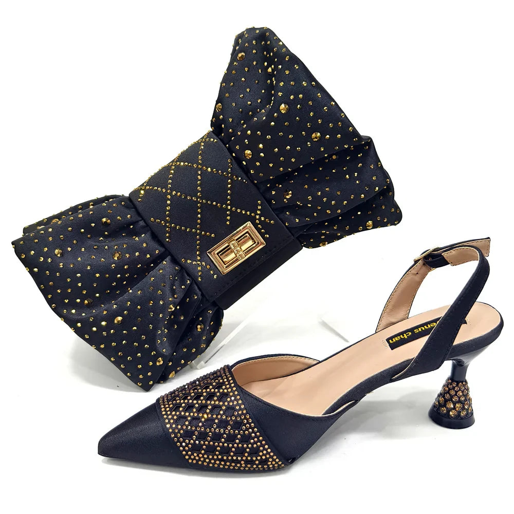 New Elegant Heels & Rhinestone Handbag Set