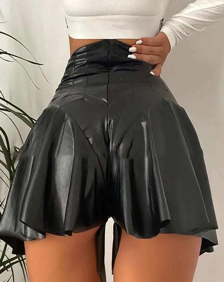 Black High-Waist Ruffles Leather Mini Skirt