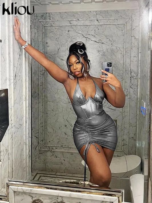 Sexy Cleavage Shiny Halter Mini Dress