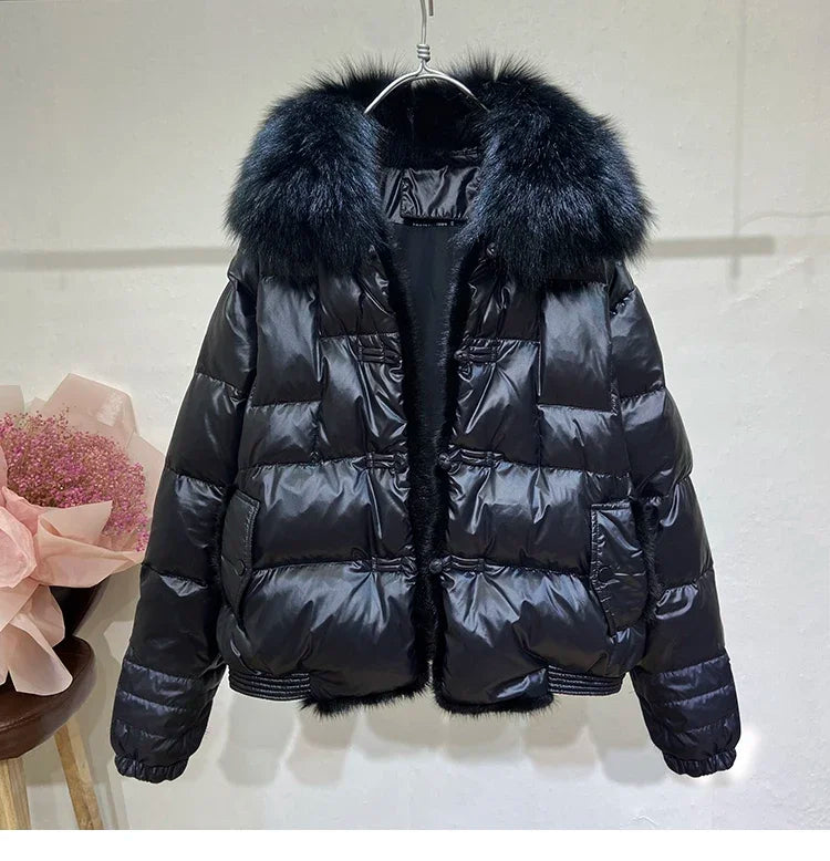 Women's New Winter Big Fur Collar Stitching Mink Short Down Jacket