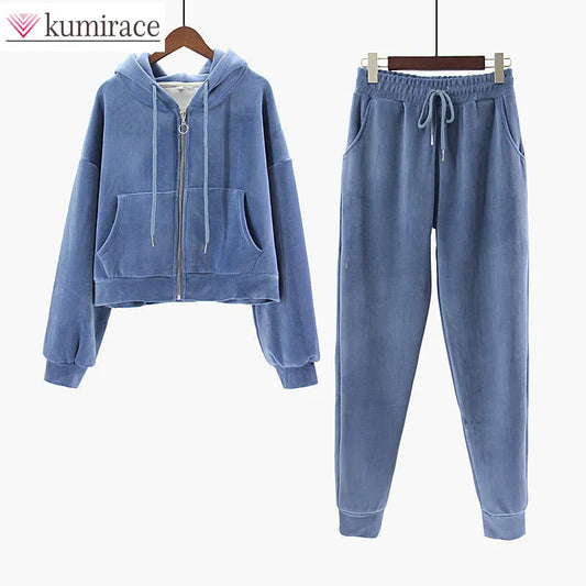 Plush Thickened Hooded Top + Casual Pants - Two-Piece Set