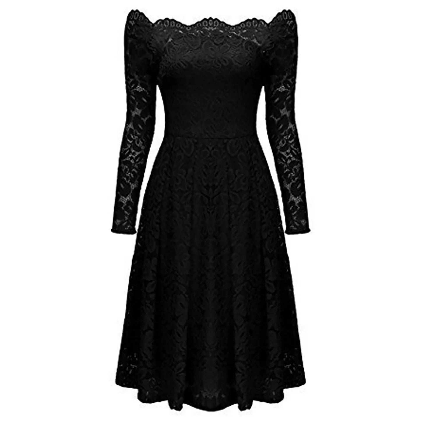 Flowy Hollow-Out Long-Sleeve A-Line Lace Dress With Lining