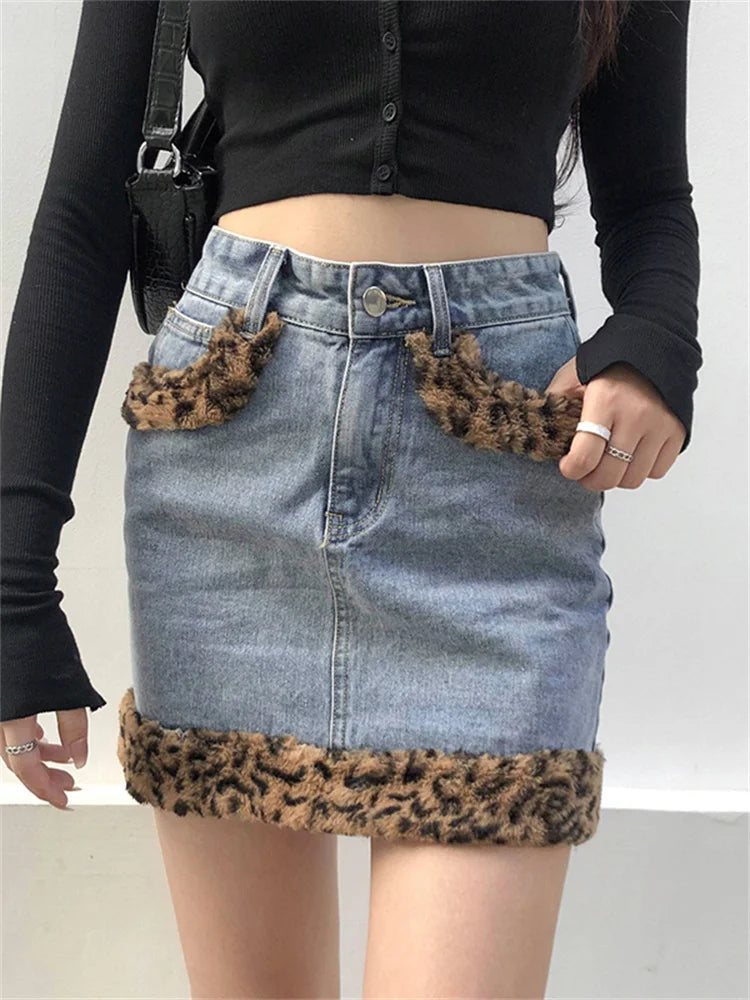 Leopard Printed Skinny Bodycon Aesthetic Denim Skirt