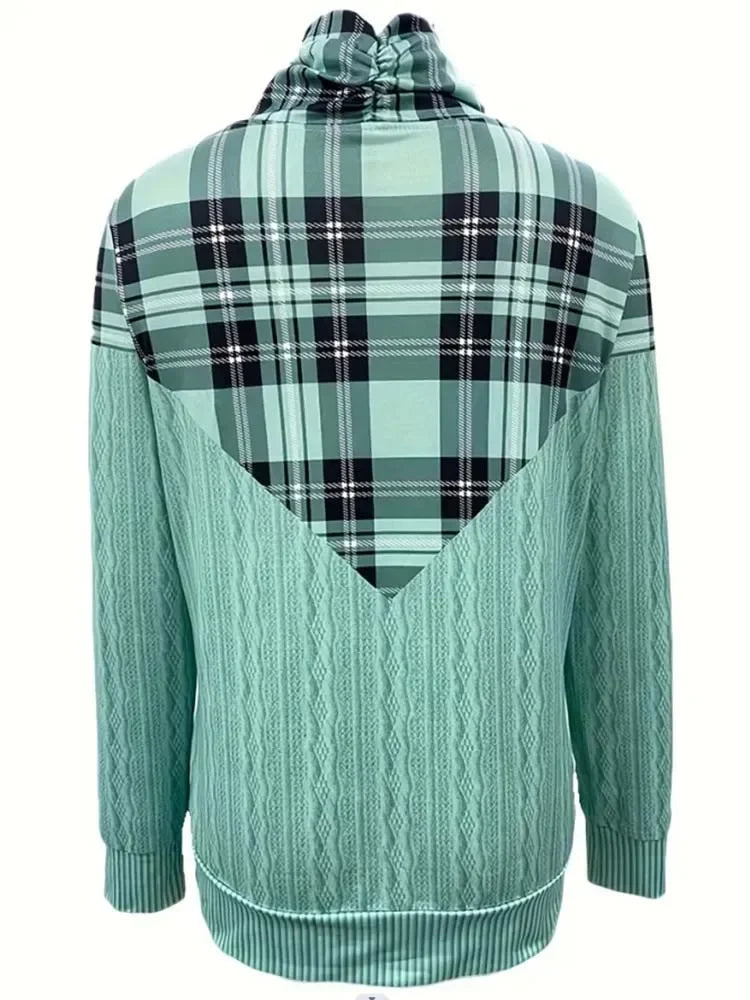 Patchwork Plaid High-Neck Long-Sleeve T-Shirt