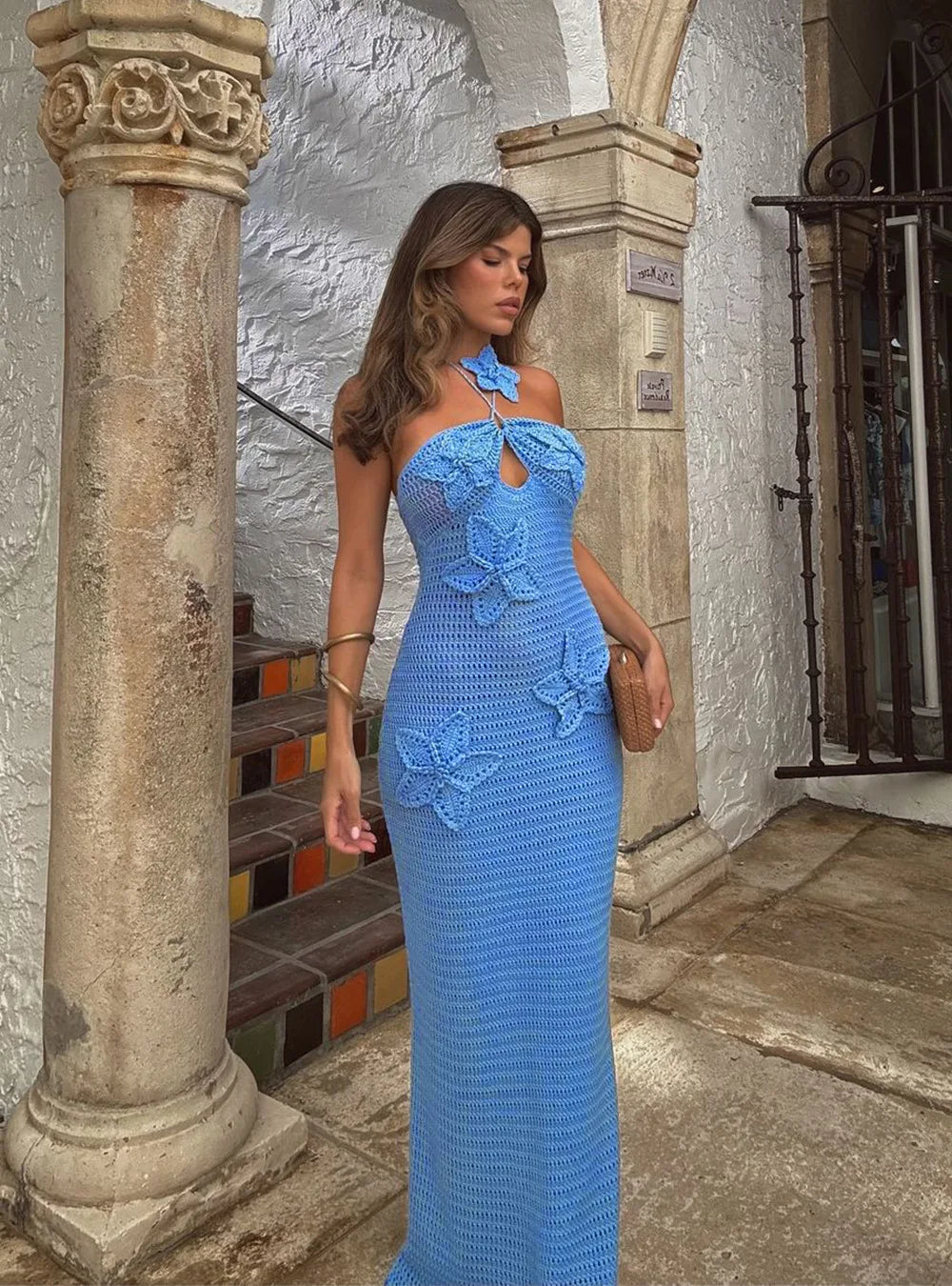 Women’s Beach Dresses Sexy Backless Knitted Long Dress Star Crochet Maxi Dresses 2024 Summer Women Beach Wear