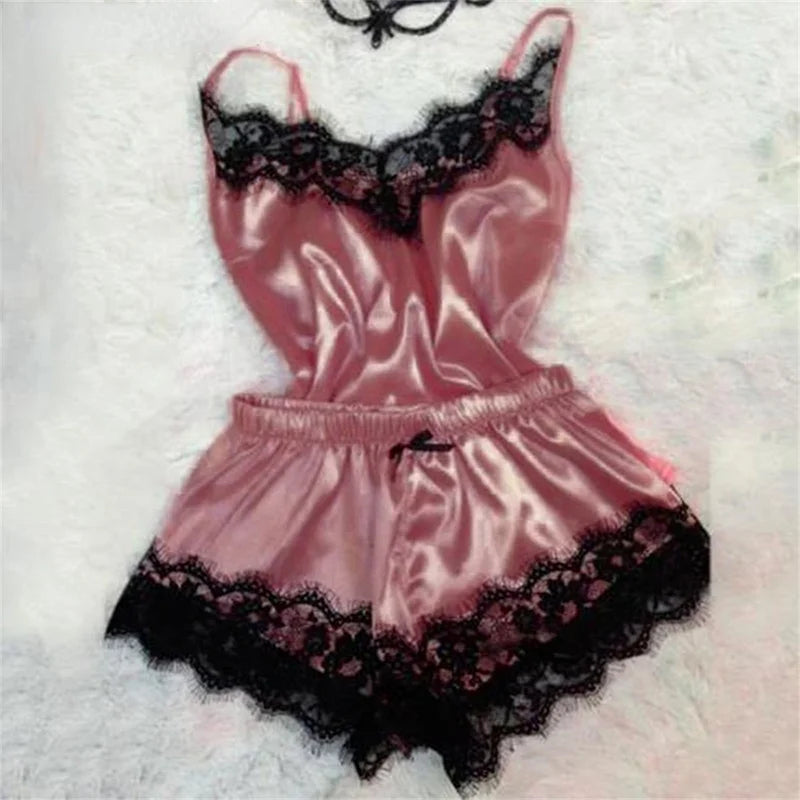 Pretty Lace Satin Pyjama Set - Sleeveless Top + Shorts