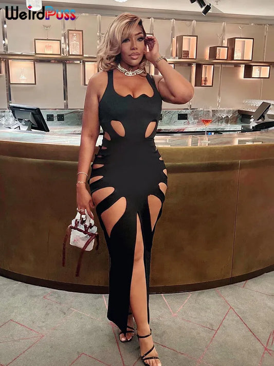 Sleeveless Split Solid Skinny Stretch Maxi Bodycon Clubwear