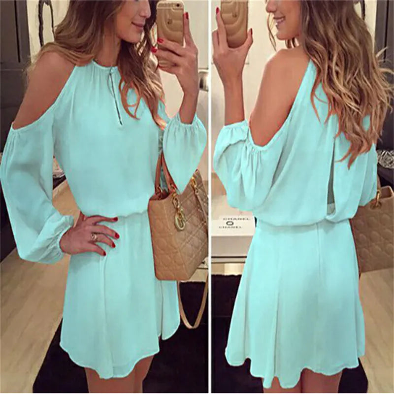 Elegant Long-Sleeve Chiffon Off-Shoulder Ruffled Dress