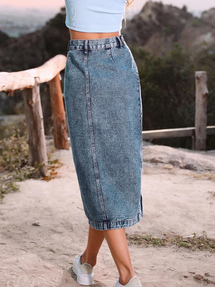 A-Line Button Side-Split High-Waist Denim Skirt