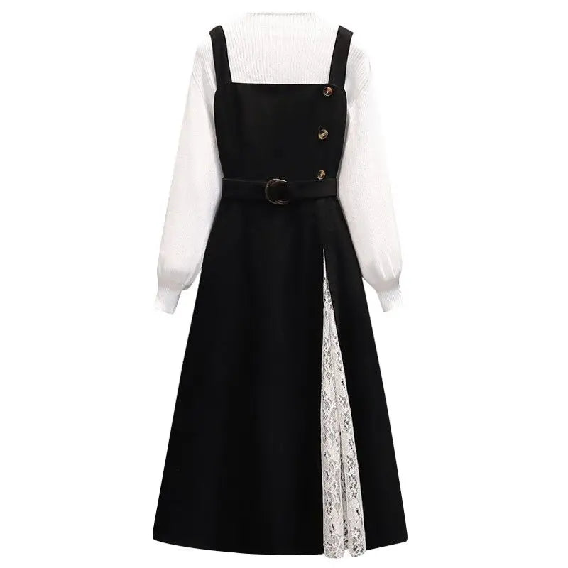 White Sweater Overall Dress - Two-Piece Set