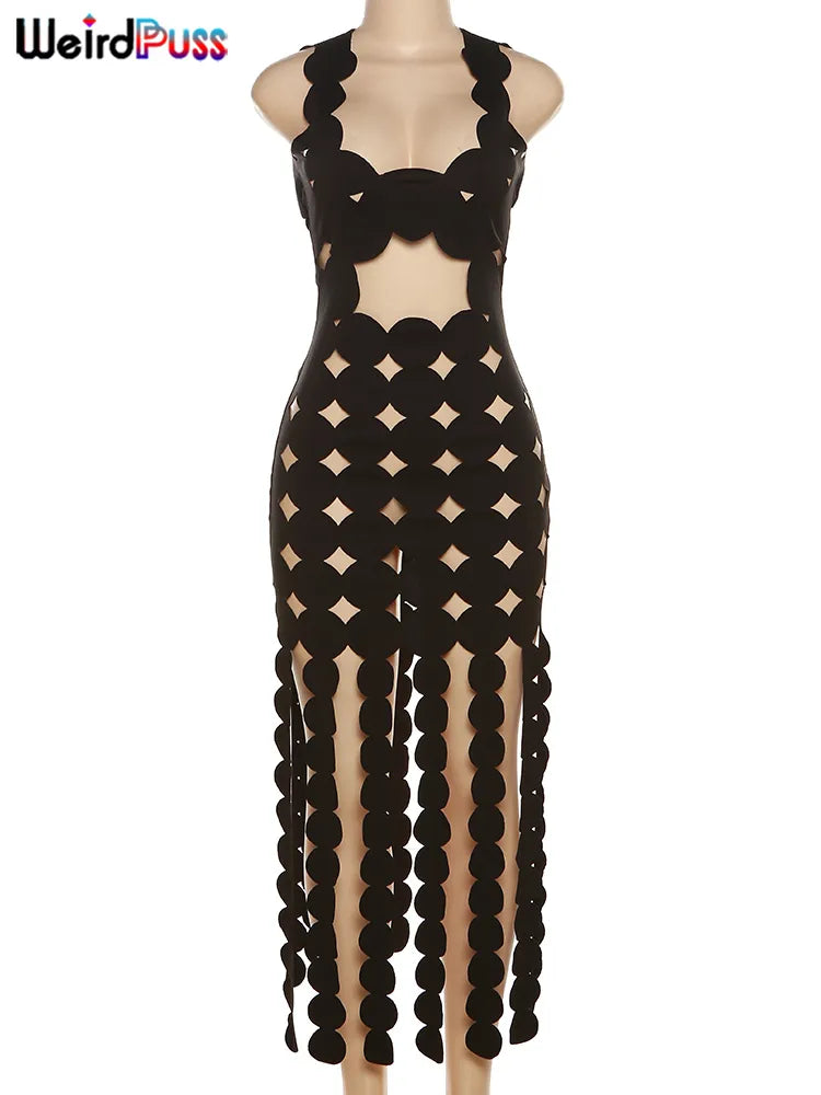 Sleeveless Backless Coquette Skinny Tassel See Through Bodycon Summer Night Club Wear