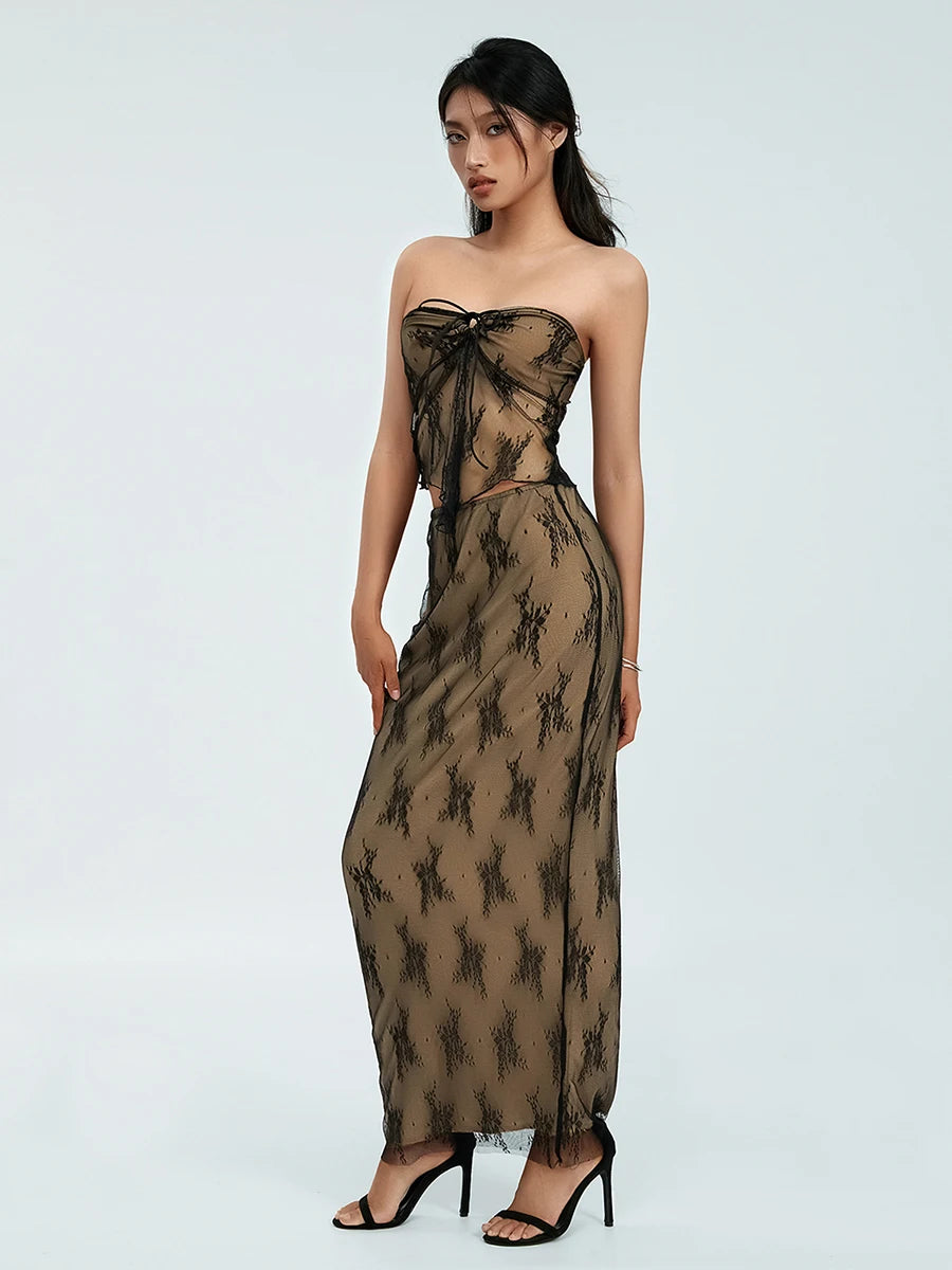 Strapless Drawstring Split-Hem Lace Outfit