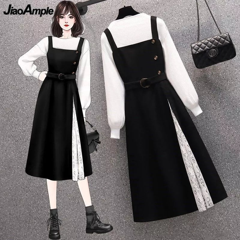 White Sweater Overall Dress - Two-Piece Set