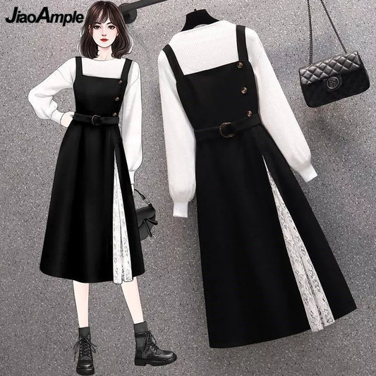 White Sweater Overall Dress - Two-Piece Set