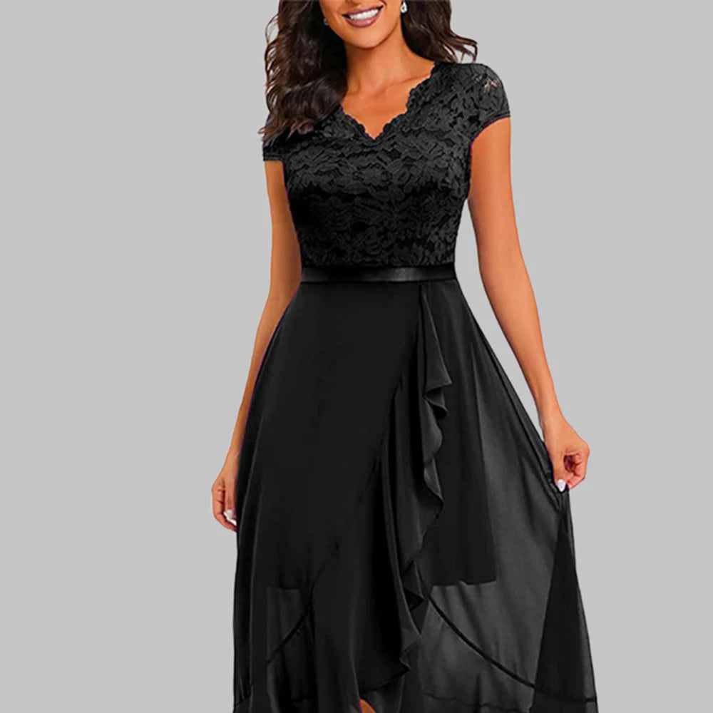 Asymmetrical Solid Lace V-Neck Midi Mesh Dress