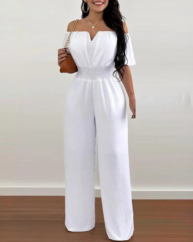 Off-Shoulder Shirred-Waist Wide-Leg Jumpsuit