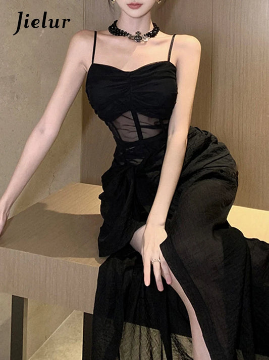 New French-Style Black Slim-Waist Split Sleeveless Evening/Party Dress