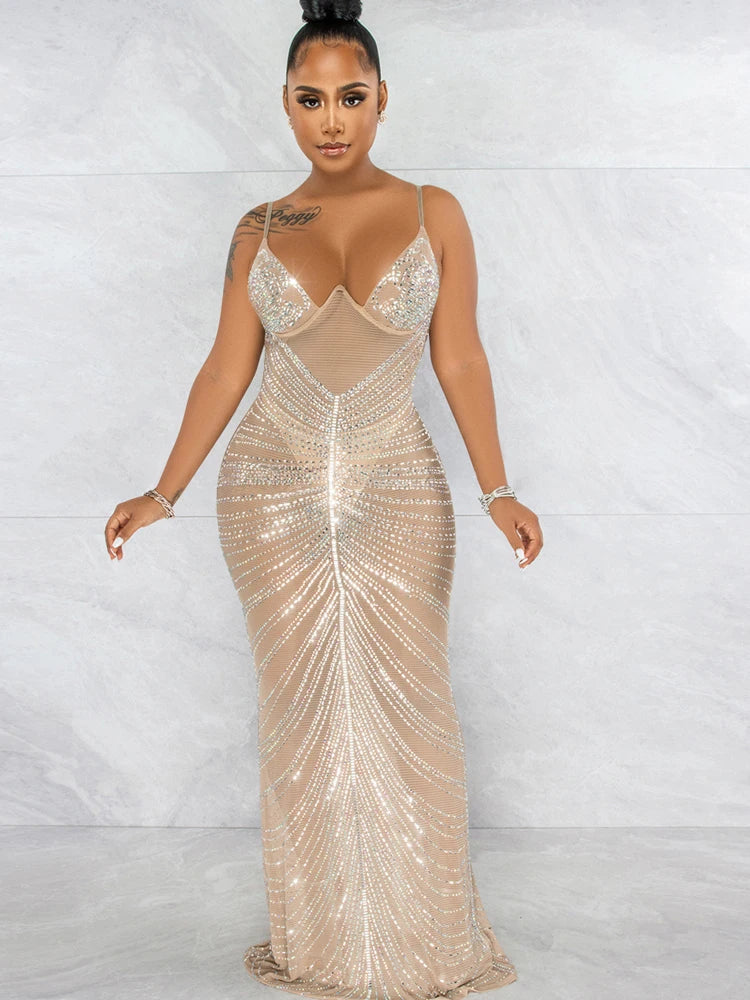 Beyprern Gorgeous Black Mesh Rhinestone Underwire Mermaid Dress