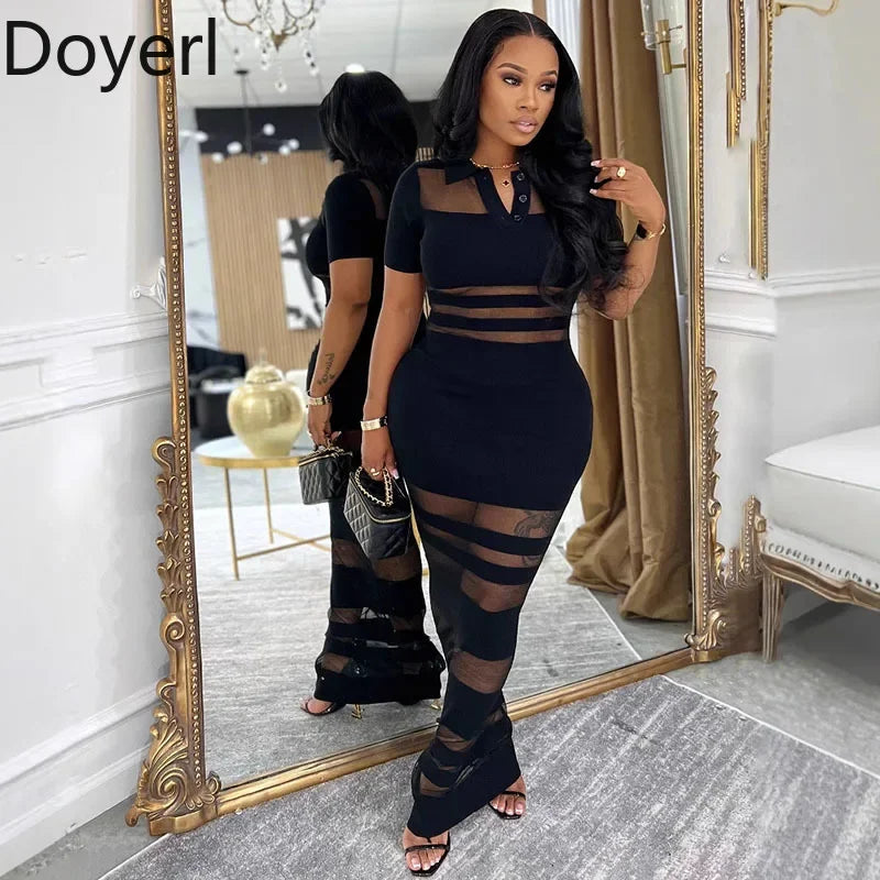 Doyerl See Through Mesh Patchwork Bodycon Maxi Dress Women Night Out Club Party Short Sleeve Polo Collar Sheath Long Dresses