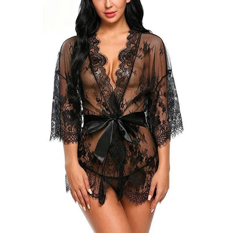 Sexy Lace Nightgown Robe Set for Women Sheer V Neck Lingerie Babydoll Dress with Kimono Gown and Thong Six Elegant Styles