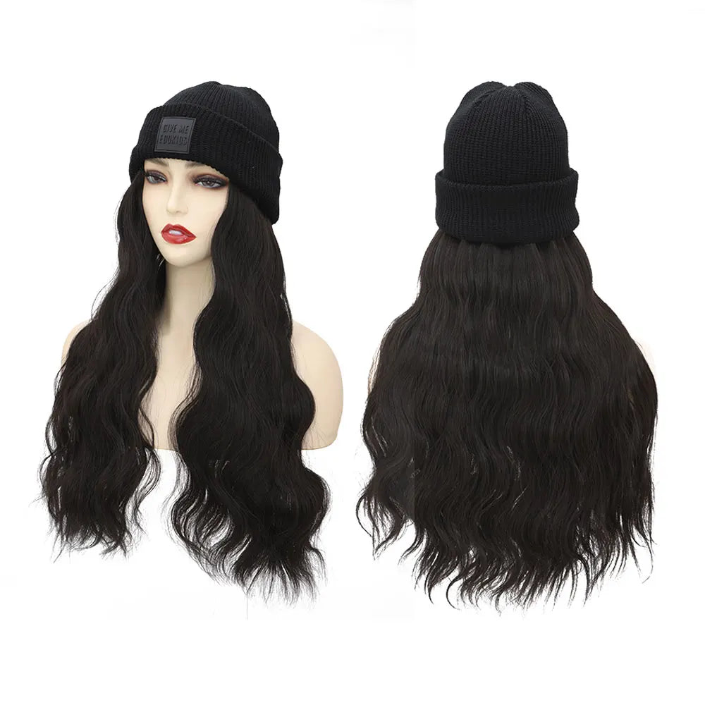 S-noilite Synthetic Black Hat Wig Beanies Hat With Hair Wigs For Women Straight Wavy Hair Warm Plush Knitted Autumn Winter Cap