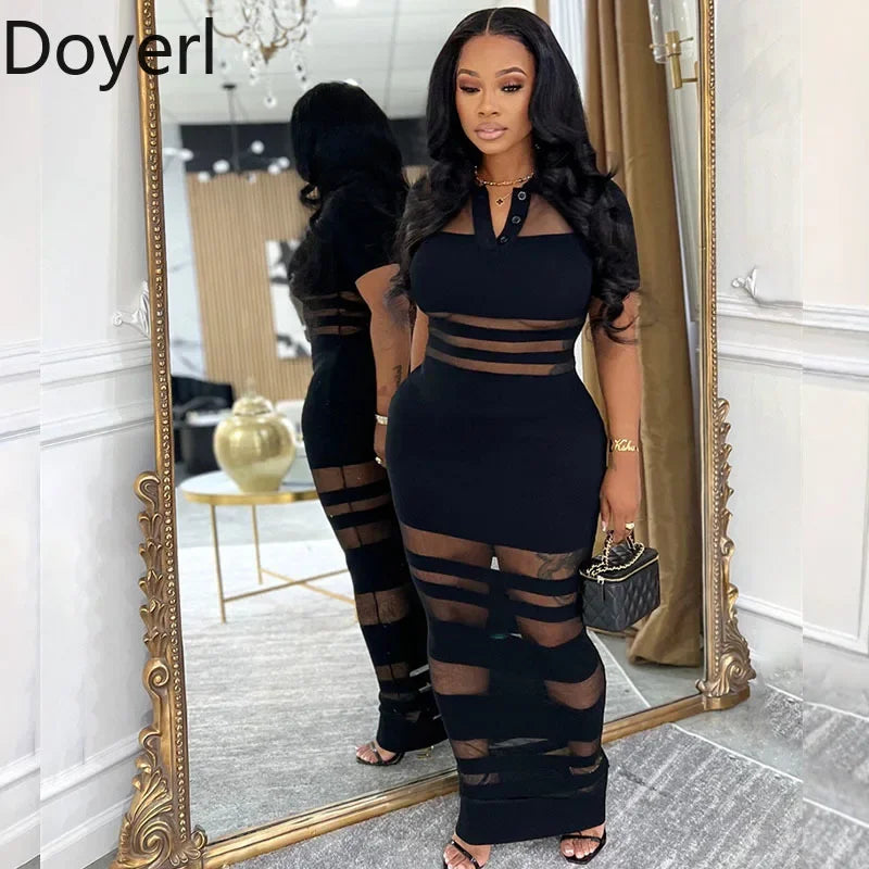 Doyerl See Through Mesh Patchwork Bodycon Maxi Dress Women Night Out Club Party Short Sleeve Polo Collar Sheath Long Dresses