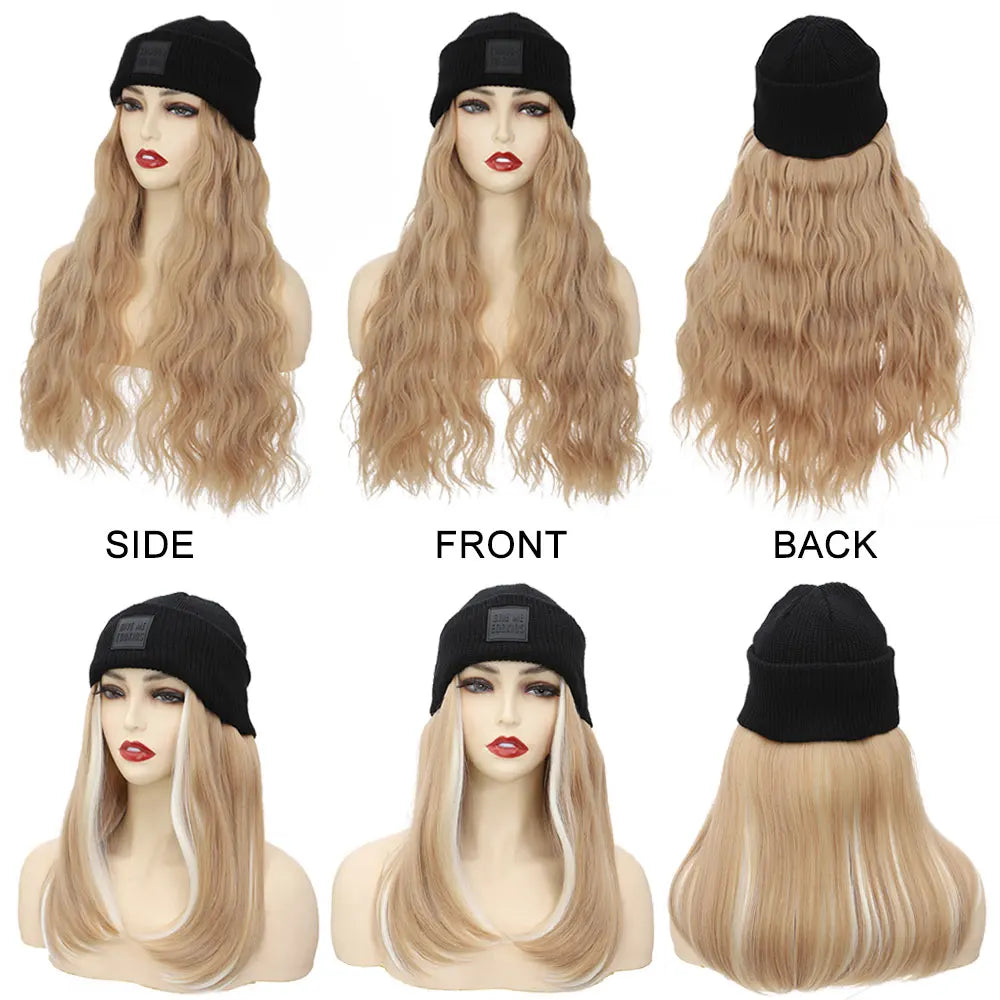 S-noilite Synthetic Black Hat Wig Beanies Hat With Hair Wigs For Women Straight Wavy Hair Warm Plush Knitted Autumn Winter Cap