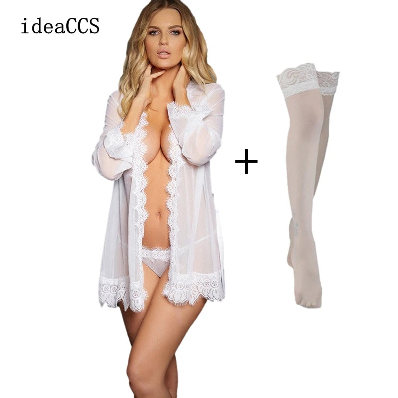 Lace Bandage Deep V G-String See-Through Sheer Sleep Dress Robe