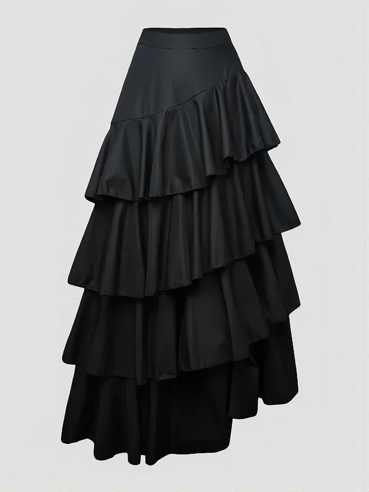 High-Waist Layered Ruffle Maxi Cake Skirt