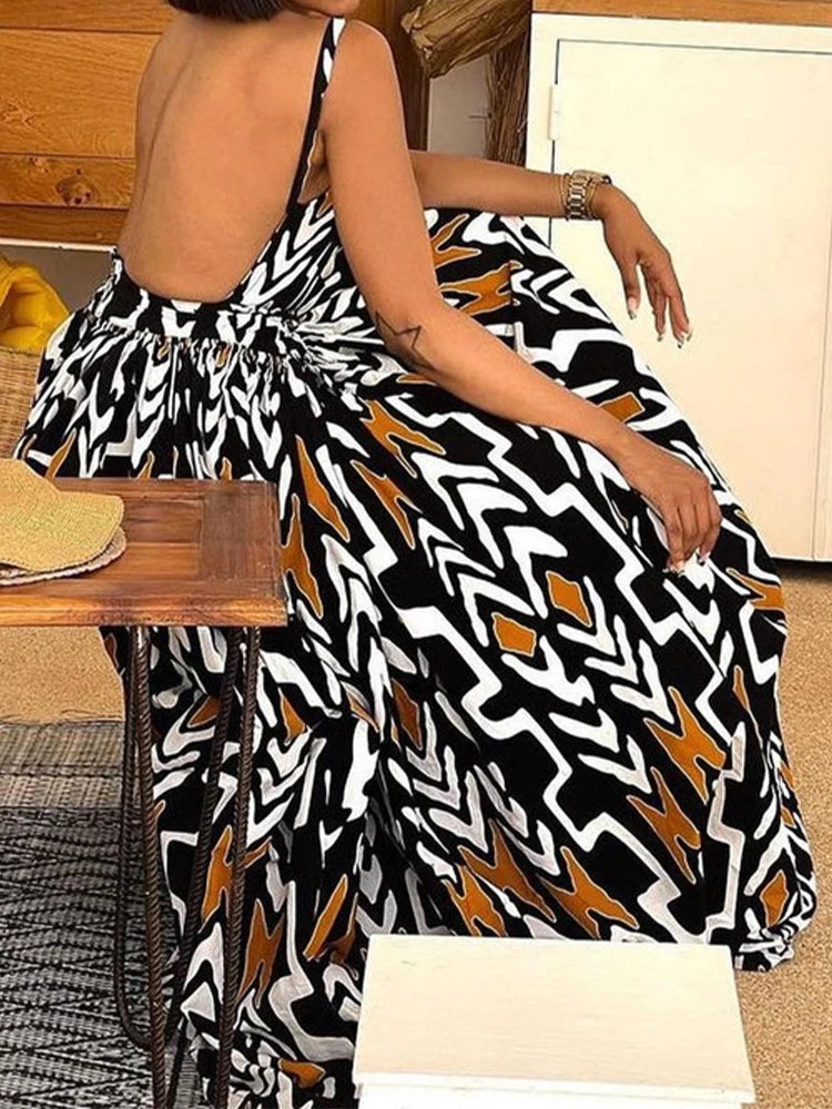 Backless Boho Print Big Swing Maxi Dress
