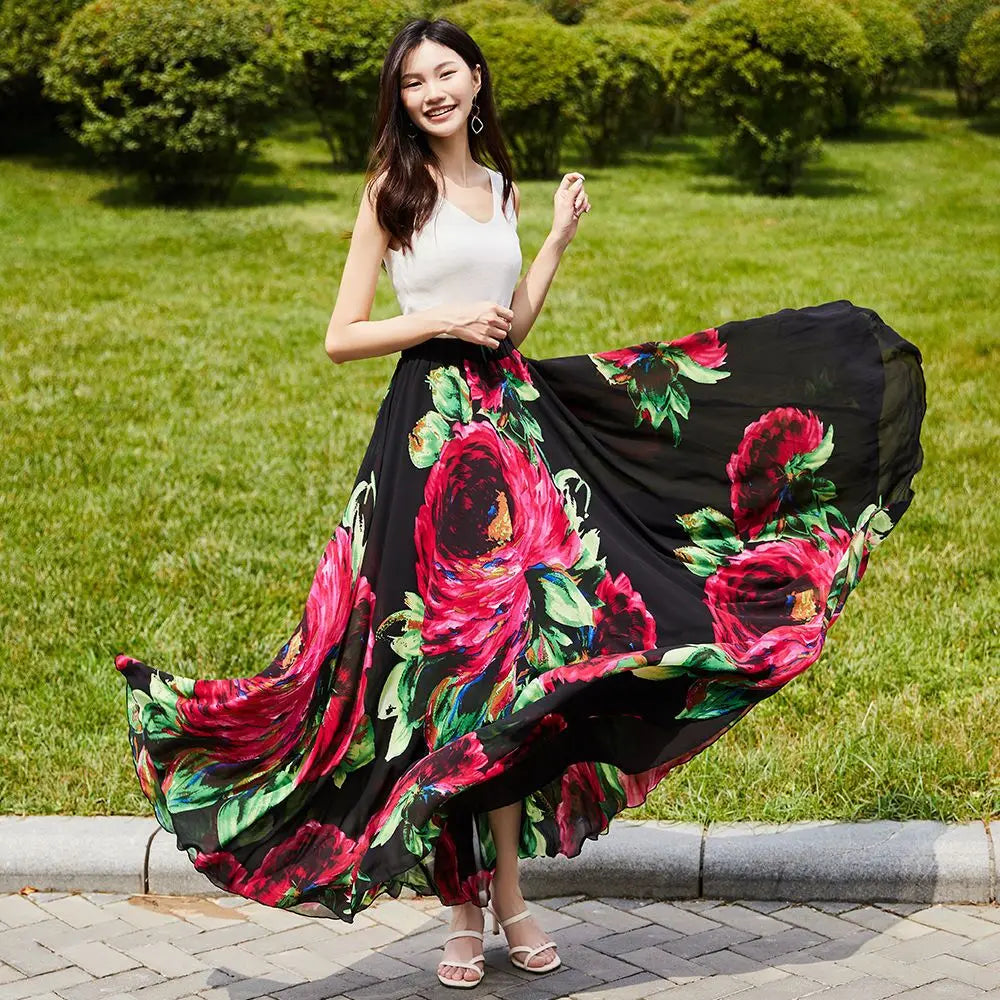 Big-Hem Flower Maxi Skirt