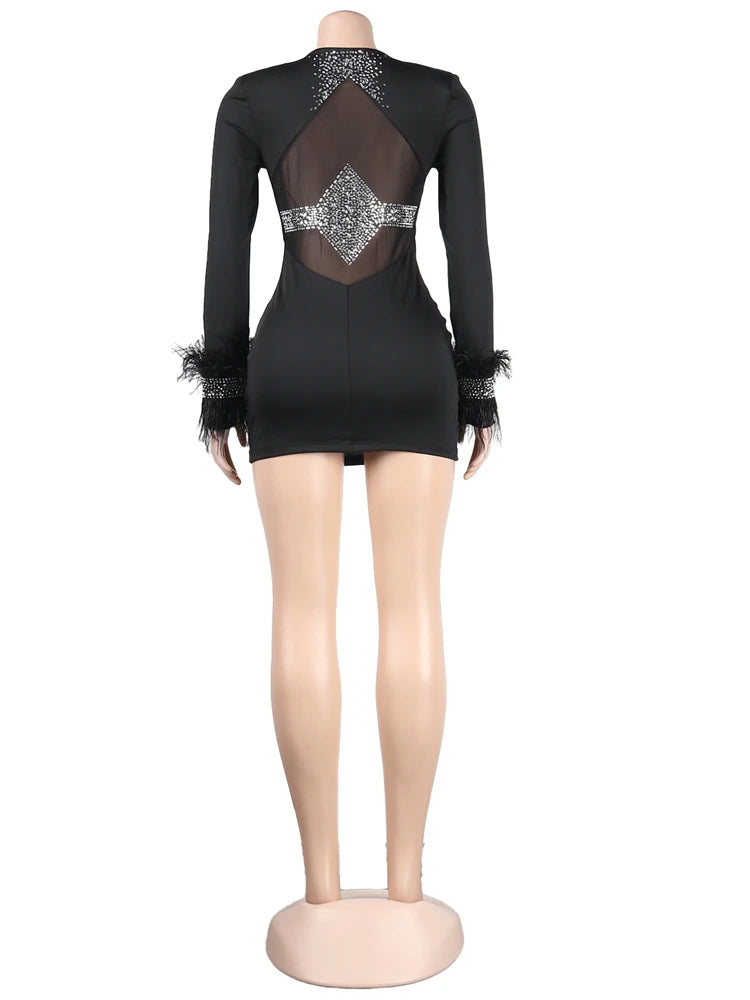 Beyprern Beautiful Crystal Feather Detail Mini Dress