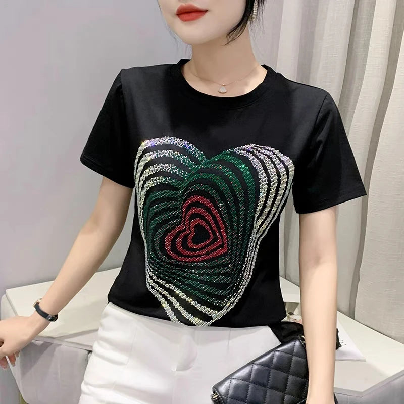 O-Neck Heart-Shaped Hot Diamond Top