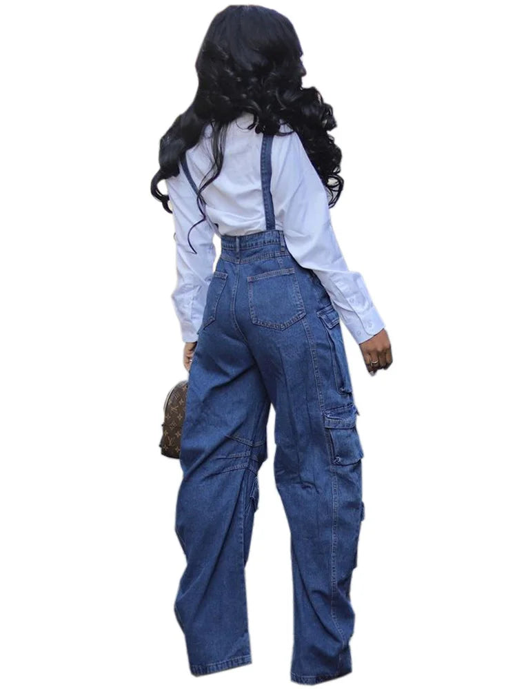 Sleeveless Wide-Leg Vintage Loose Denim Pocket Overalls