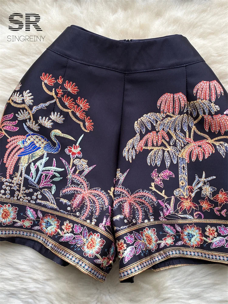 Floral Embroidery Two-Piece Shorts + Top Set