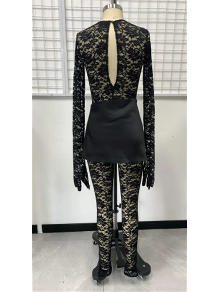 Nibber Lace Hollow Jumpsuits Women Long Sleeve Gloves Bow Metal Trim Button See Through Midnight Sexy Skinny Elasticity Outfits