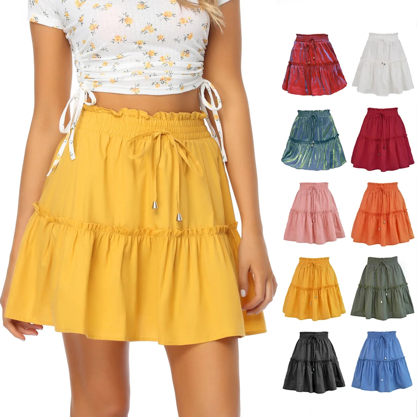 Elastic-Waist Summer Ruffles Mini Skirt