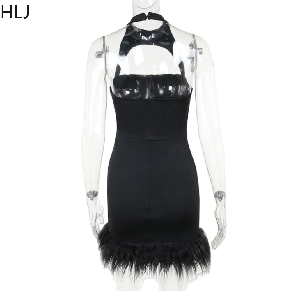 Feather Splicing Bodycon Mini Dress