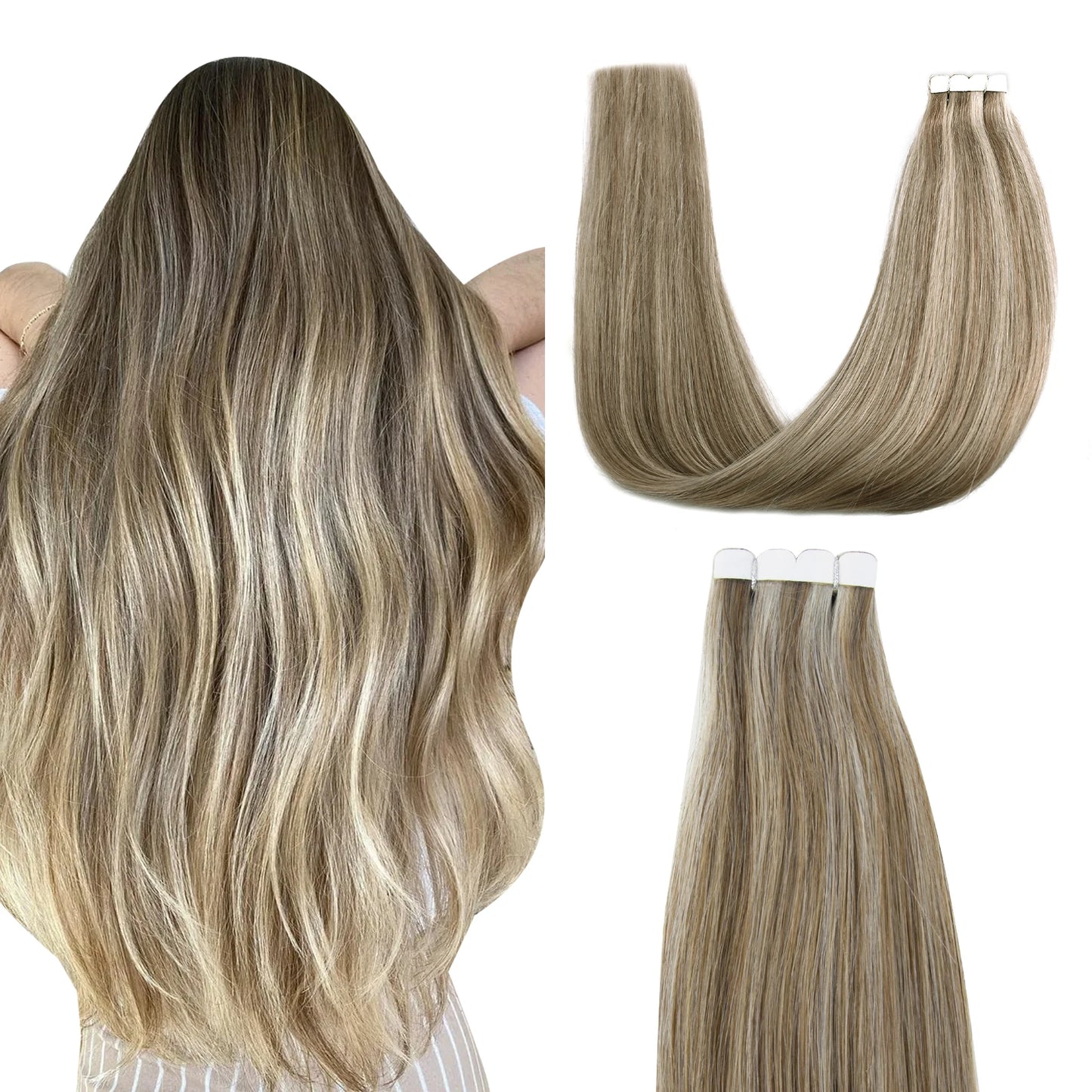 K.S WIGS Mini Tape in Hair Extensions Human Hair Straight Seamless Skin Weft Real Natural Brazilian Hair For Women Balayage 10Pc