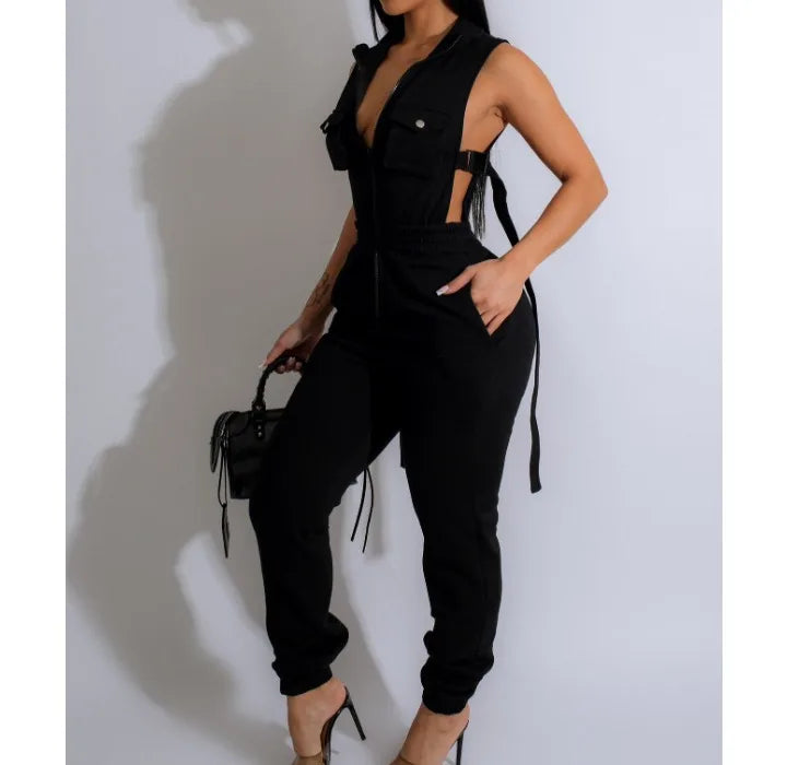 Sleeveless  Zipper 4-Pocket Jumpsuit