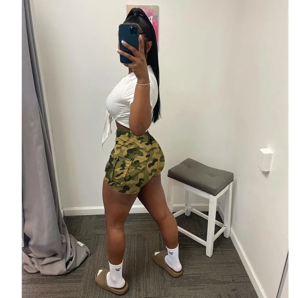 High-Waist Pockets Camouflage Print Camo Shorts