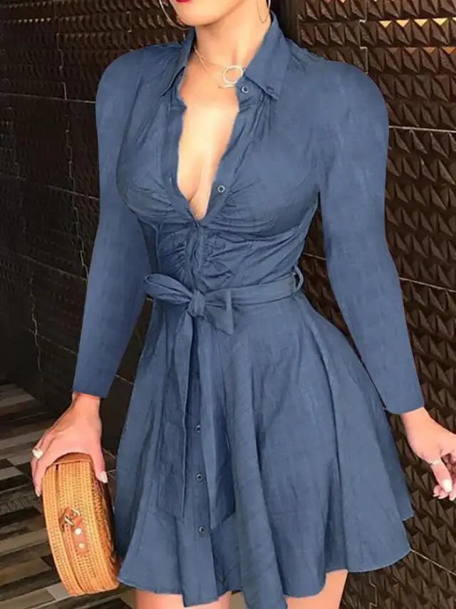 Casual Long-Sleeve Dress With Buttons & Lapels