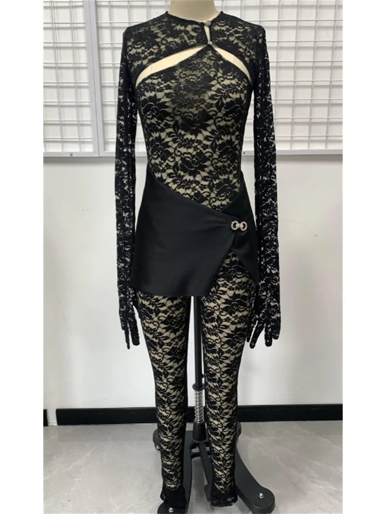 Nibber Lace Hollow Jumpsuits Women Long Sleeve Gloves Bow Metal Trim Button See Through Midnight Sexy Skinny Elasticity Outfits