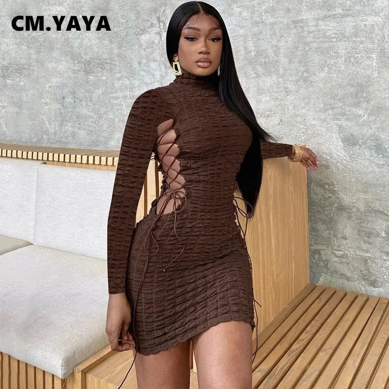 CM Yaya Long-Sleeve Seersucker Turtleneck Drawstring Lace-Up Cut-Out Waist Bodycon Midi Stretch Dress