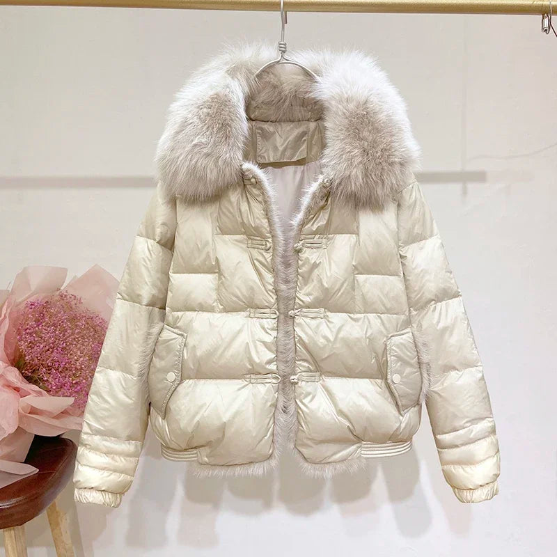 Women's New Winter Big Fur Collar Stitching Mink Short Down Jacket